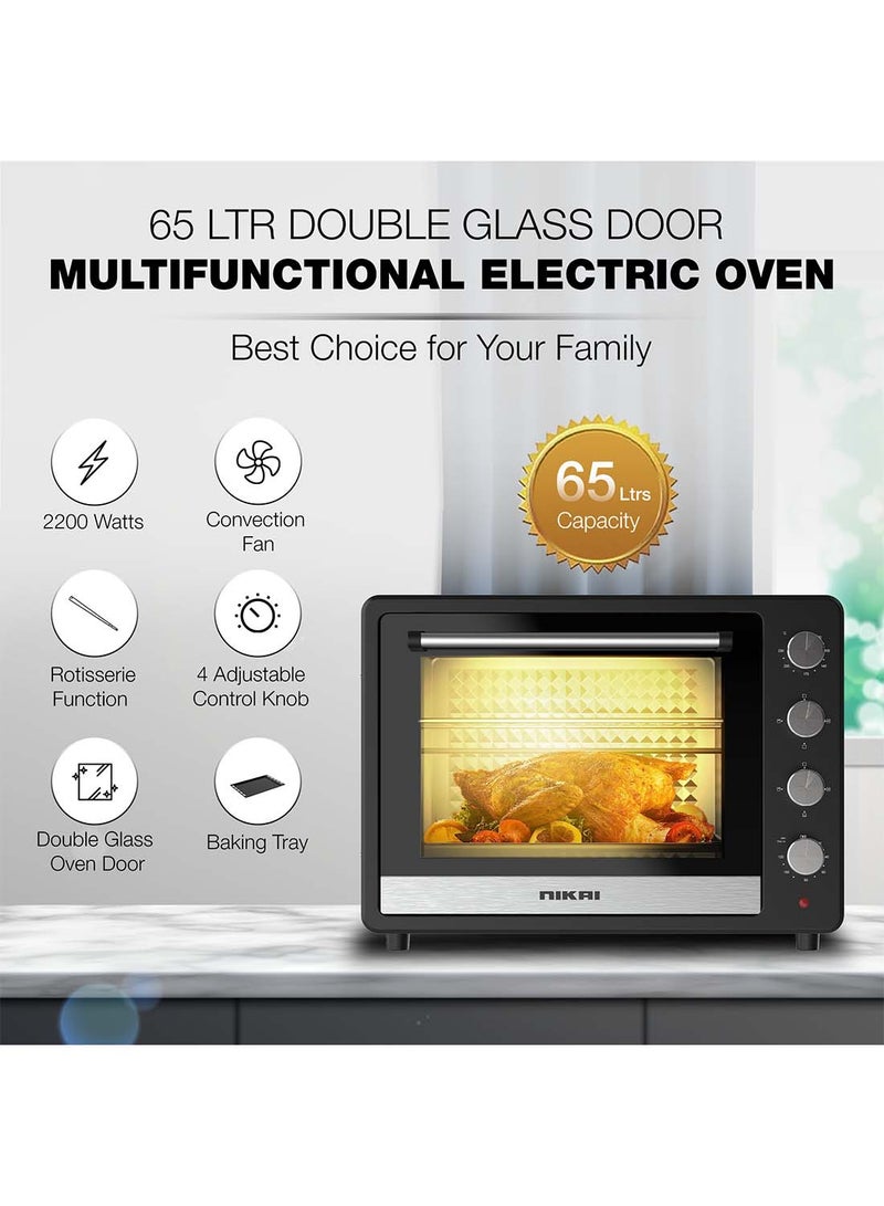 NIKAI Electric Oven, , Adjustable Temperature, 4 Stages Heating, 60-Min Timer With Bell, High-Efficiency S.S. Heating, Rotisserie And Convection, Inside Light, Keep Warm Function 65 L 2200 W NT6500SRC2 Black - Image 2