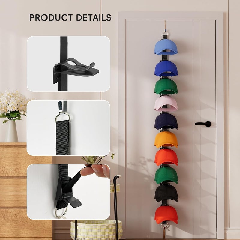 VERONLY Hat Rack for Door, Over the Door Hat Organizer for Baseball Caps with 10 Adjustable Hooks Holds Up to 20 Caps, Space-Saving Storage for Closet Bedroom Door Entryway, Black - Image 5