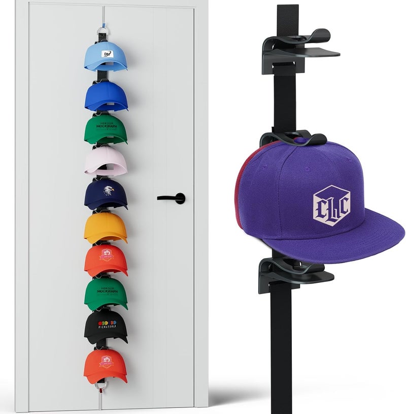 VERONLY Hat Rack for Door, Over the Door Hat Organizer for Baseball Caps with 10 Adjustable Hooks Holds Up to 20 Caps, Space-Saving Storage for Closet Bedroom Door Entryway, Black - Image 1