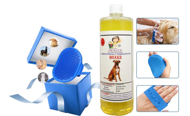 swacch Shampoo | Puppy Safe Shampoo | PH Balanced | Boxer Dog Shampoo 1 Litre Lemon + | Rubber Bath Brush with Adjustable Straps | Pet Massage | Soothing Bristles Hand Brush I Combo Pack - Image 2