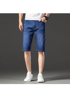 4 Seasons Men Elastic Slim Fit Jeans Shorts Casual Cotton Fabric Thin Design Suitable Adults 3031 Dark Blue# Shorts