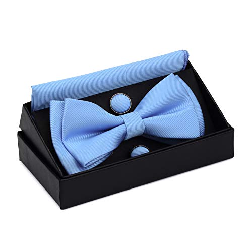 GUSLESON Mens Adjustable Bow Ties Double Fold Pre-tied Light Blue Bow tie and Pocket Square Cufflink Sets (0577-09) - Image 2