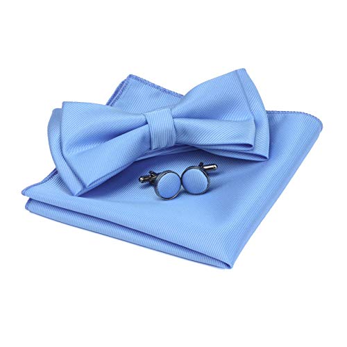 GUSLESON Mens Adjustable Bow Ties Double Fold Pre-tied Light Blue Bow tie and Pocket Square Cufflink Sets (0577-09) - Image 1