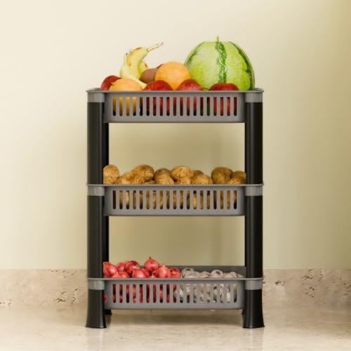 Biltoxi Multipurpose Plastic Tiered Shelf Countertop Storage Rack, Onion Potato Sabji Basket for Kitchen and Home (3 Layer, Silver) - Image 1