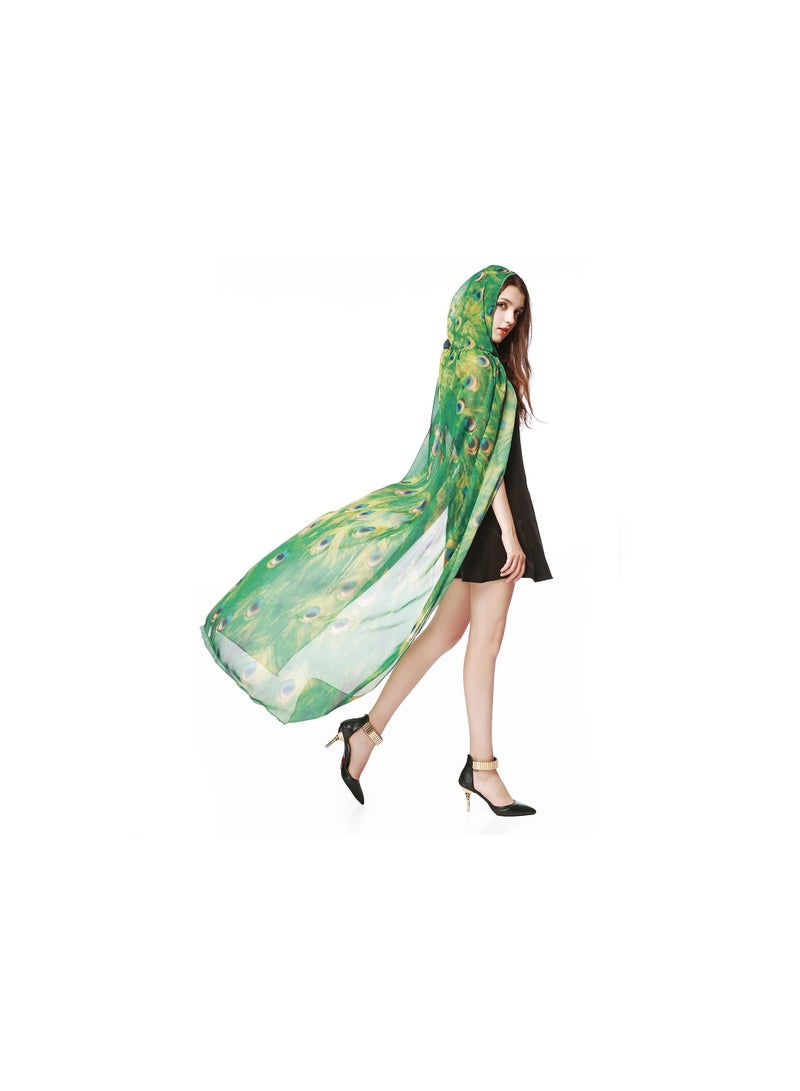 SOLARAE Chiffon Peacock Hooded Cape, Peacock Shawl Fairy Girls Cape Peacock Costumes for Halloween Fancy Dress for Halloween Parties, Fancy Dress Parties, Theme Parties, Sun Protection(1 Pack) - Image 5