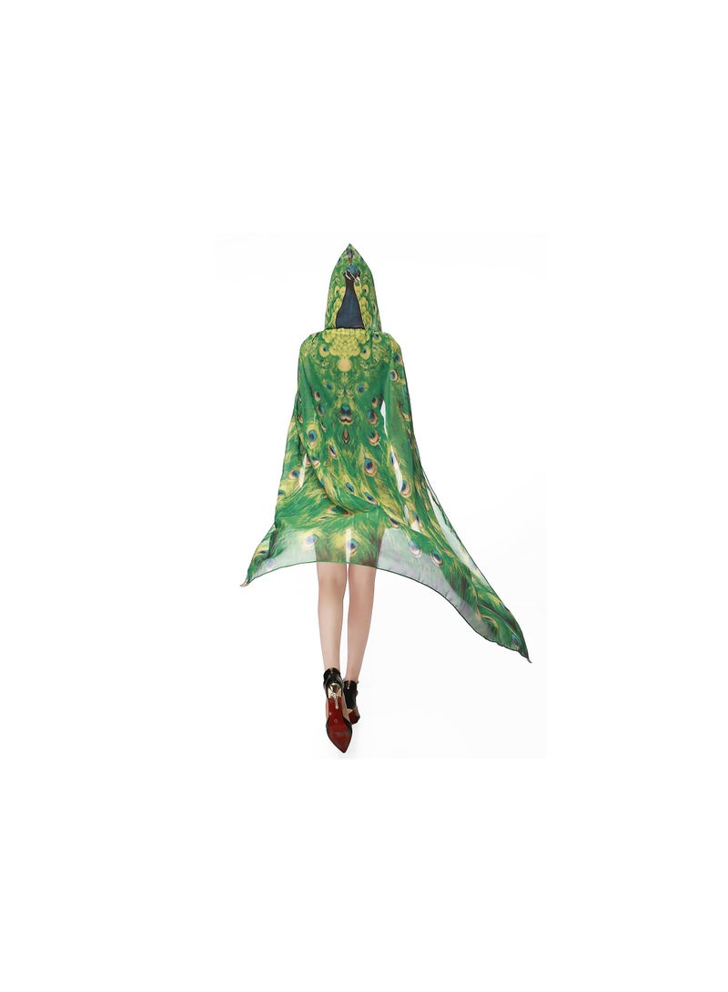 SOLARAE Chiffon Peacock Hooded Cape, Peacock Shawl Fairy Girls Cape Peacock Costumes for Halloween Fancy Dress for Halloween Parties, Fancy Dress Parties, Theme Parties, Sun Protection(1 Pack) - Image 2