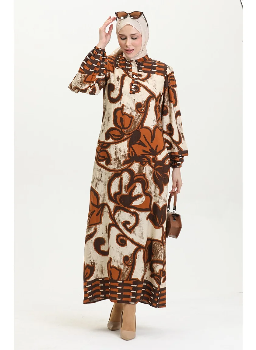 Sefa Merve Viscose Color Garnished Half Button Dress 0396-01 Taba Beige