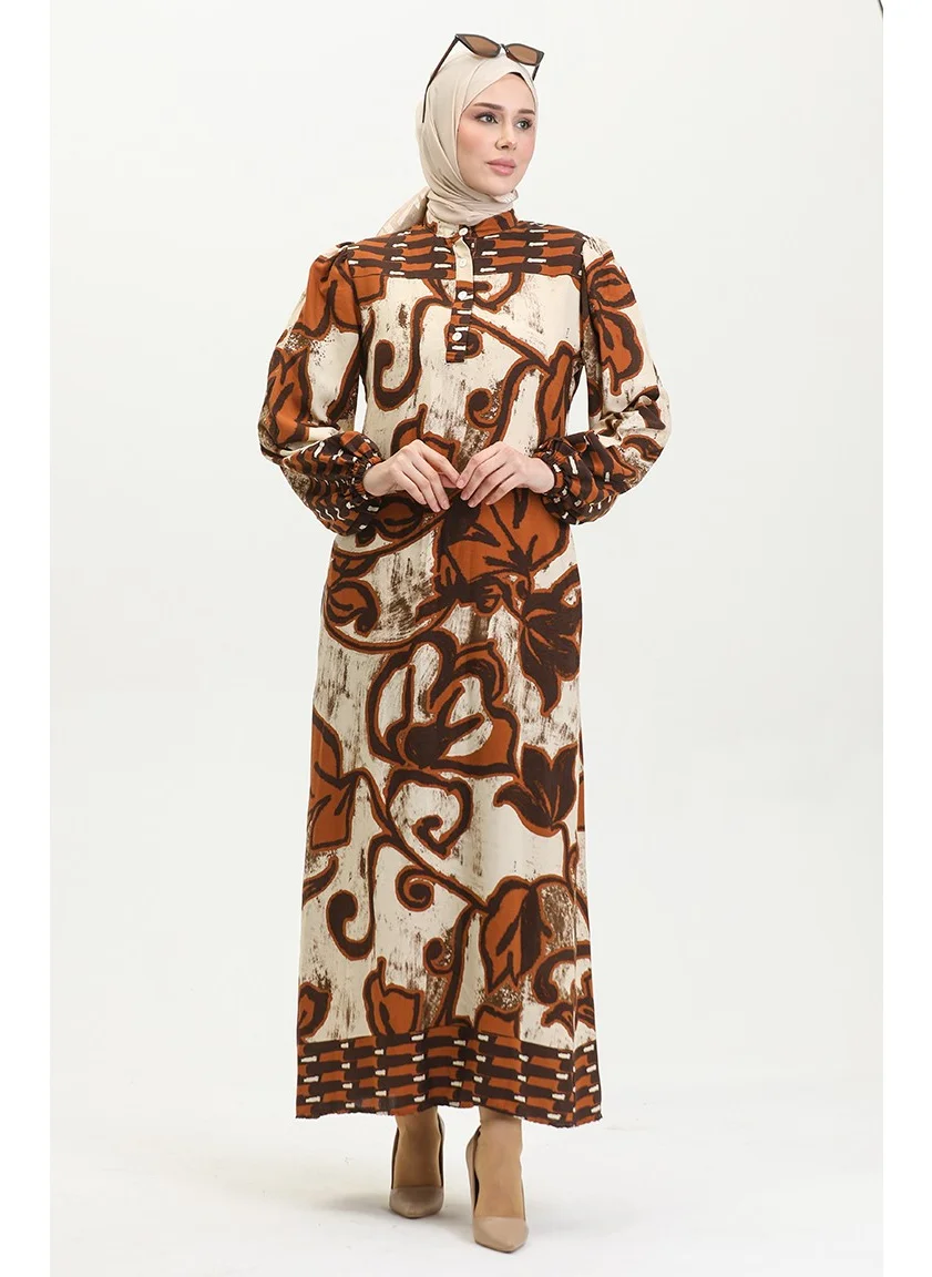 Sefa Merve Viscose Color Garnished Half Button Dress 0396-01 Taba Beige