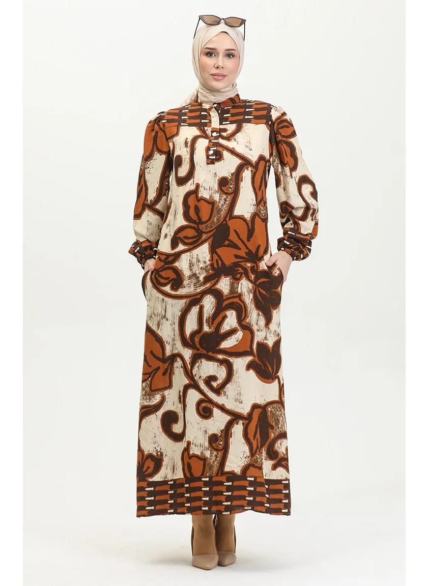Sefa Merve Viscose Color Garnished Half Button Dress 0396-01 Taba Beige