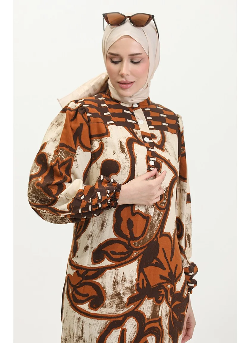 Sefa Merve Viscose Color Garnished Half Button Dress 0396-01 Taba Beige