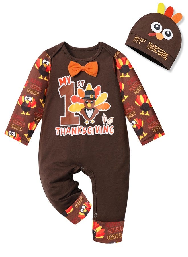 Aulyffo Thanksgiving Baby Boy Outfit 6-9 Months My First Thanksgiving Baby Boy Outfit Long Sleeve One Piece Romper + Turkey Hat 2PCS Thanksgiving Baby Boy Clothes - Image 1