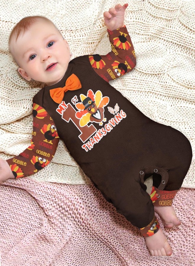Aulyffo Thanksgiving Baby Boy Outfit 6-9 Months My First Thanksgiving Baby Boy Outfit Long Sleeve One Piece Romper + Turkey Hat 2PCS Thanksgiving Baby Boy Clothes - Image 2