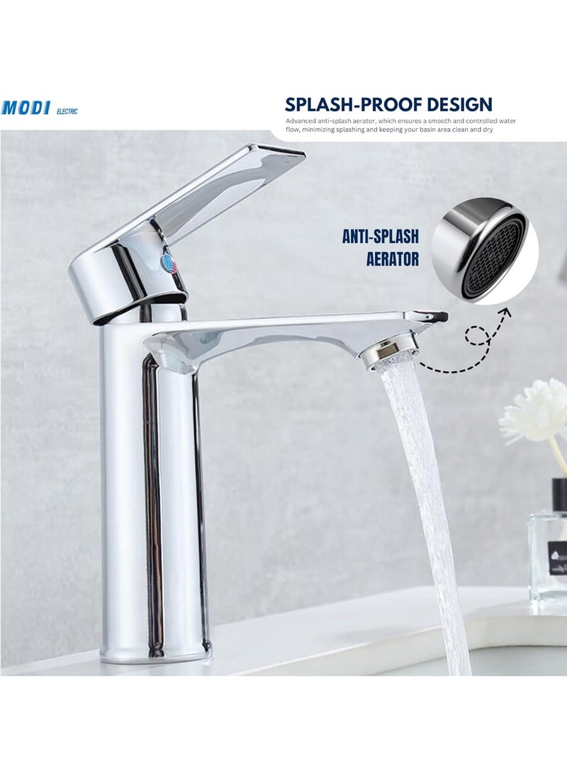 MDI Modern Basin Mixer Tap with Single Lever Control, Chrome Finish Bathroom Sink Faucet with Anti-Splash Aerator, Hot & Cold Water Mixer, Durable Brass Body for Washbasin & Vanity Countertops - Image 4