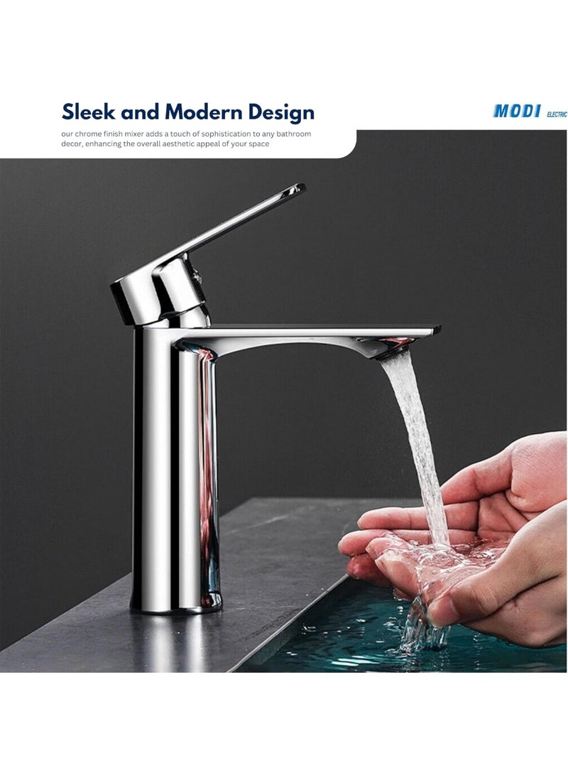 MDI Modern Basin Mixer Tap with Single Lever Control, Chrome Finish Bathroom Sink Faucet with Anti-Splash Aerator, Hot & Cold Water Mixer, Durable Brass Body for Washbasin & Vanity Countertops - Image 2
