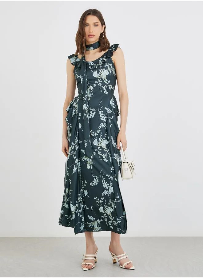 Take Two Take Two Floral Print Ruffle Trim A-Line Midi Dress with Slit