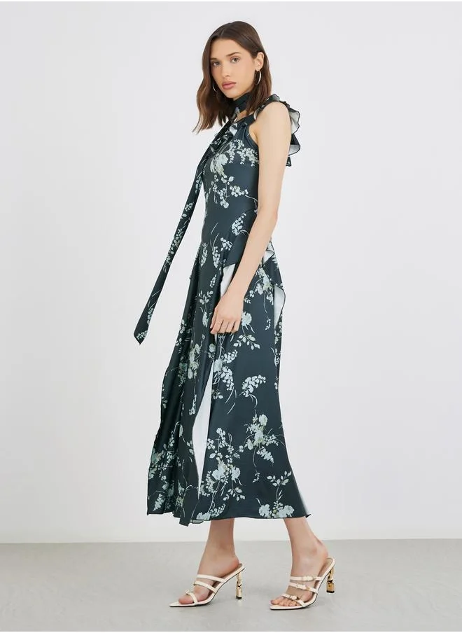 Take Two Take Two Floral Print Ruffle Trim A-Line Midi Dress with Slit