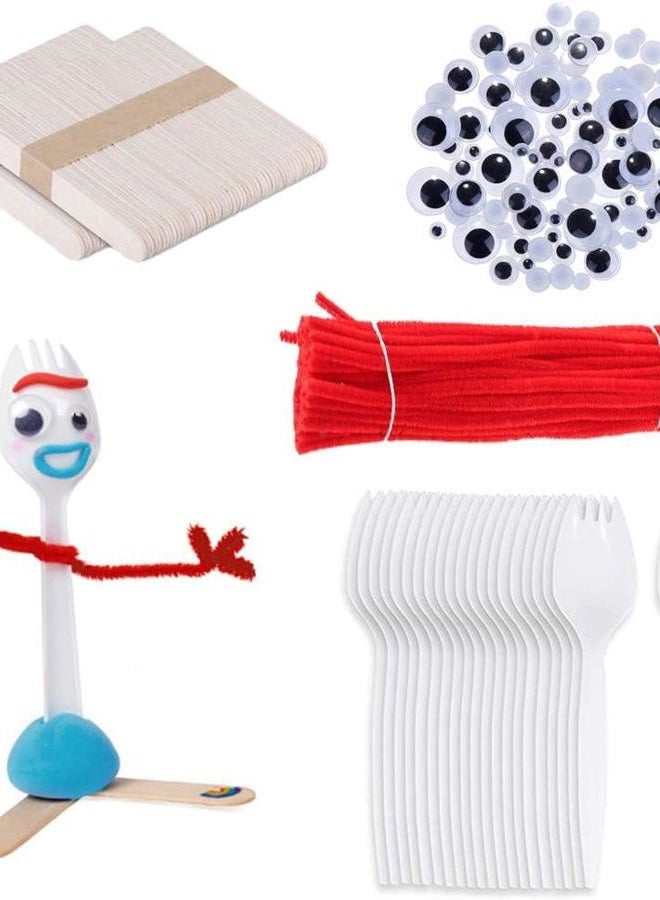 Vazkequ Fork Creativity Set, Plastic Sporks Red Pipe Cleaners Clever Eyes Popsicle Stick - Image 1