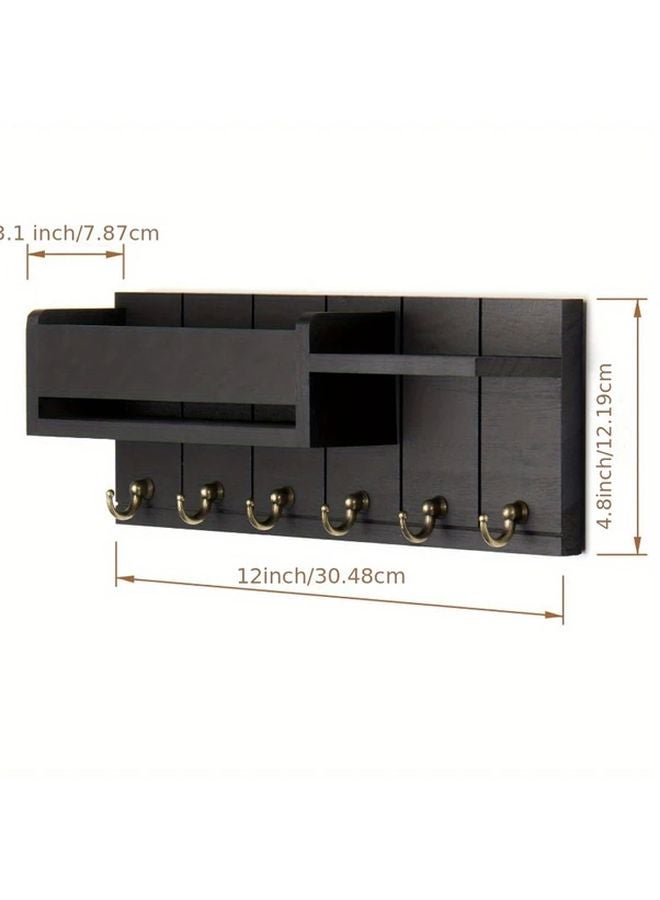 1pc Black Rustic Wooden Wall Mounted Key Holder With Mail Organizer Tray - Image 3