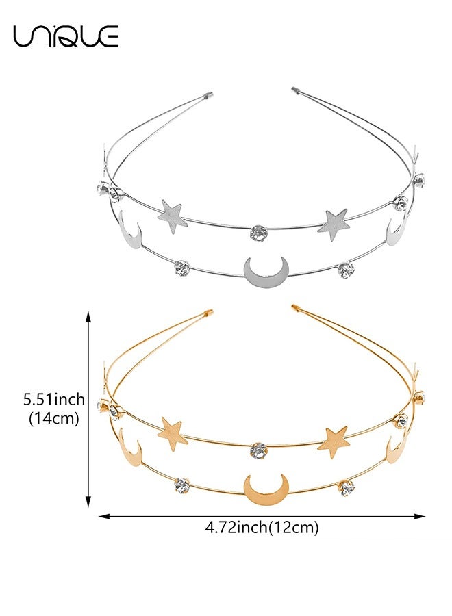 Unique Hair Accessoriess，2 Pcs Alloy Moon Five-pointed Star Headbands Bridal Hair Hoop Wedding Hair Accessories Ornaments for Elegant Women Girls  - Image 2