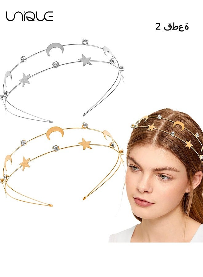 Unique Hair Accessoriess，2 Pcs Alloy Moon Five-pointed Star Headbands Bridal Hair Hoop Wedding Hair Accessories Ornaments for Elegant Women Girls  - Image 1