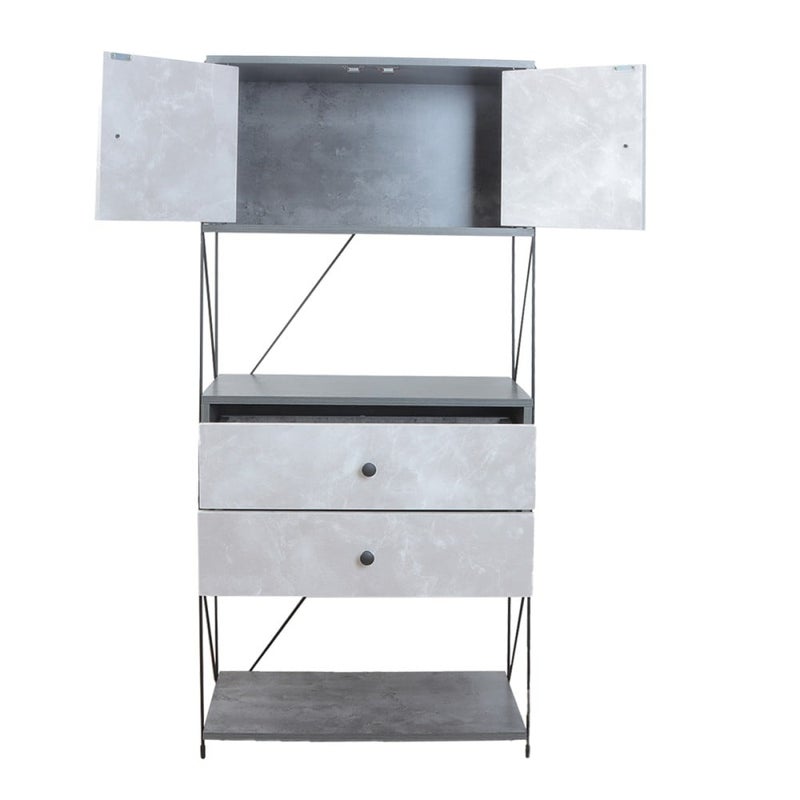 Baity 4-tier wooden shelving unit with 2 drawers and an organizing cabinet, made in Malaysia, with a sturdy and stable base, in gray color. - Image 2