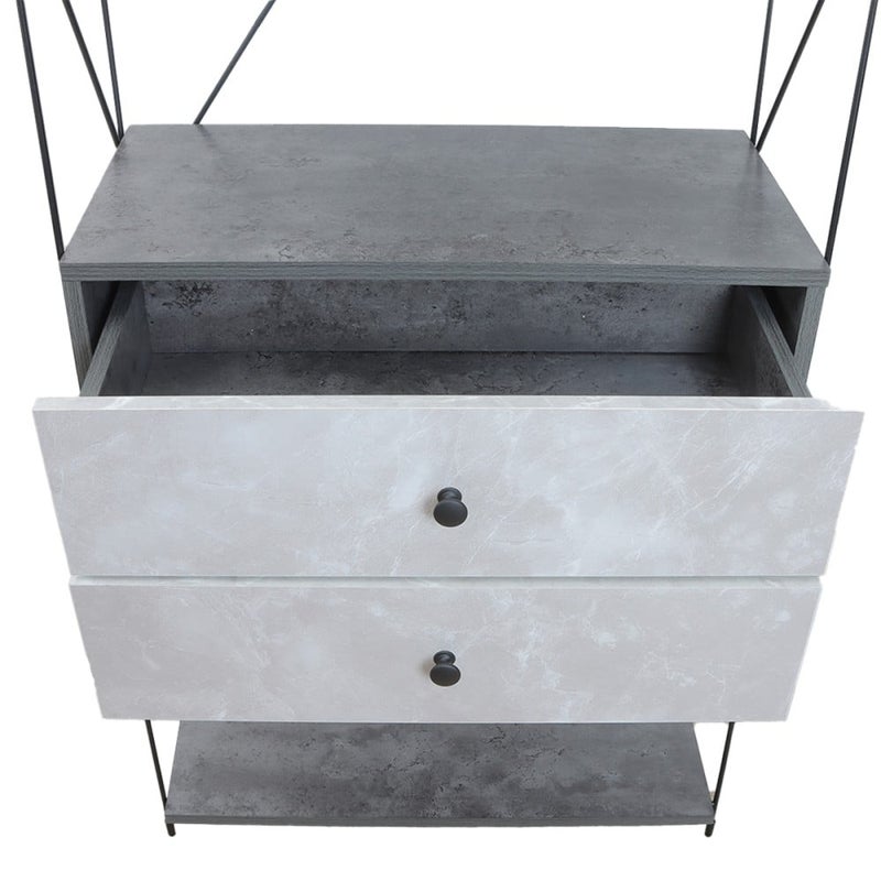 Baity 4-tier wooden shelving unit with 2 drawers and an organizing cabinet, made in Malaysia, with a sturdy and stable base, in gray color. - Image 5