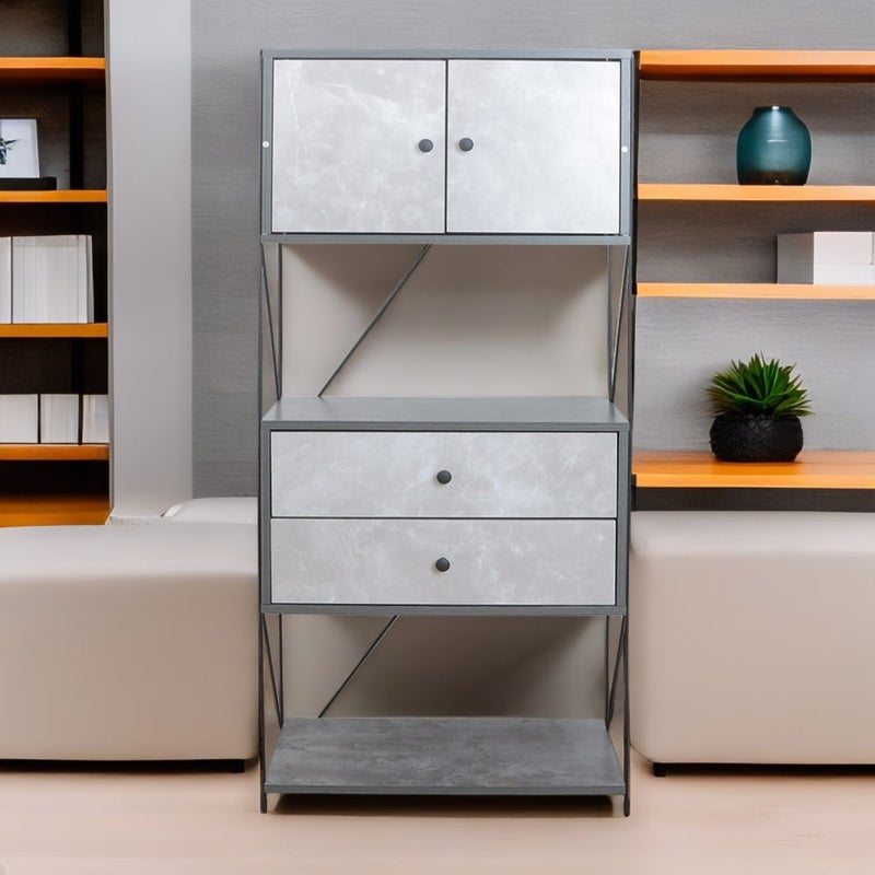 Baity 4-tier wooden shelving unit with 2 drawers and an organizing cabinet, made in Malaysia, with a sturdy and stable base, in gray color. - Image 1