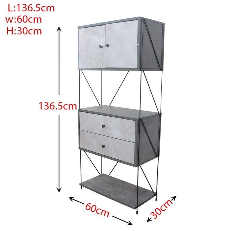 Baity 4-tier wooden shelving unit with 2 drawers and an organizing cabinet, made in Malaysia, with a sturdy and stable base, in gray color. - Image 4