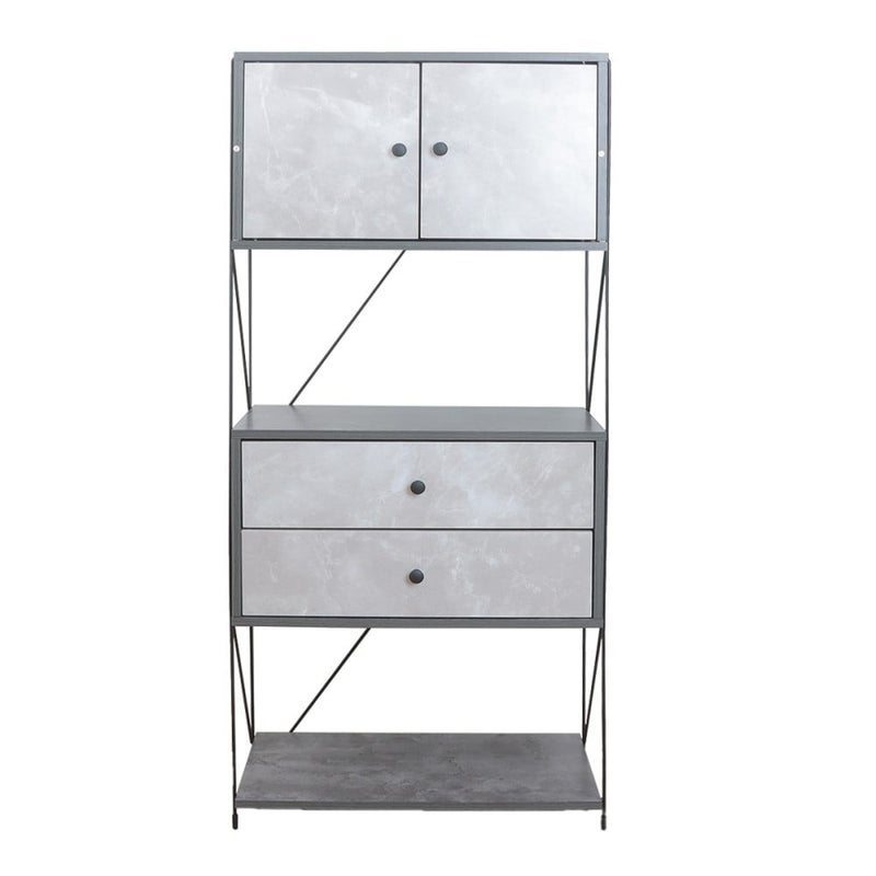 Baity 4-tier wooden shelving unit with 2 drawers and an organizing cabinet, made in Malaysia, with a sturdy and stable base, in gray color. - Image 3