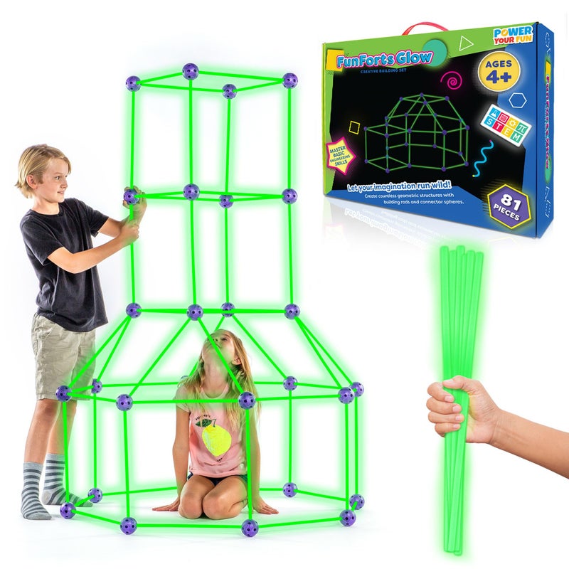 Power Your Fun Fun Forts Glow Fort Building Kit for Kids - 81 Pack Glow in The Dark STEM Building Toys Indoor Outdoor Play Tent for Kids Construction Toys with 53 Rods and 28 Spheres - Image 1