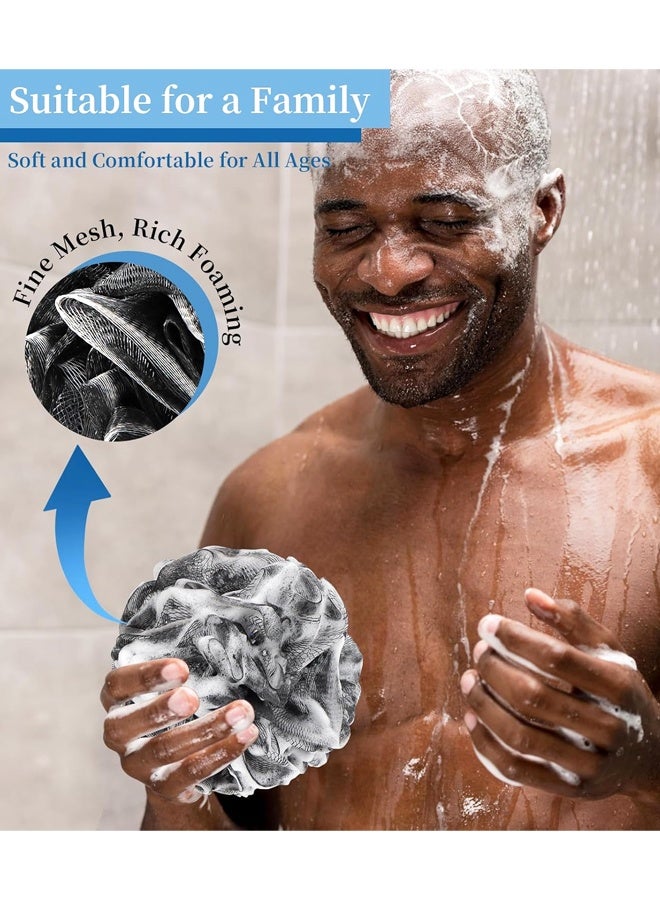 4 Pack Shower Mesh Ball Soft Pouf Body Scrubber, Exfoliate, Cleanse, Soothe Skin, Black Loofah with White Trim - Image 5