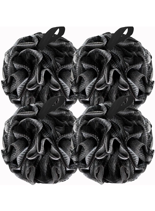 4 Pack Shower Mesh Ball Soft Pouf Body Scrubber, Exfoliate, Cleanse, Soothe Skin, Black Loofah with White Trim - Image 1