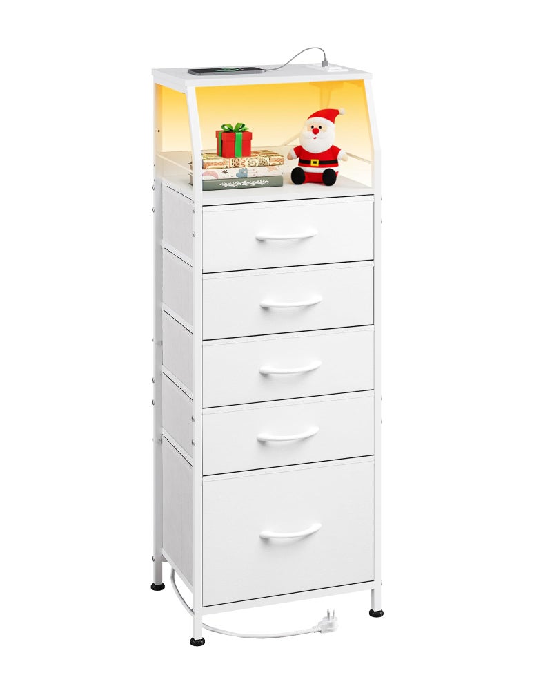 WLIVE LED Nightstand with Charging Station, White Dresser with 5 Fabric Drawers for Bedroom, Tall Night Stand with Open Shelves, Bed Side Tables Living Room - Image 1