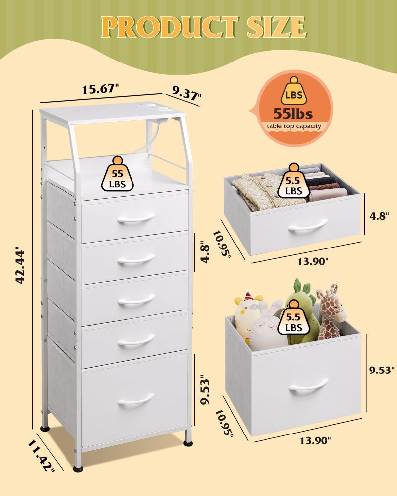 WLIVE LED Nightstand with Charging Station, White Dresser with 5 Fabric Drawers for Bedroom, Tall Night Stand with Open Shelves, Bed Side Tables Living Room - Image 3