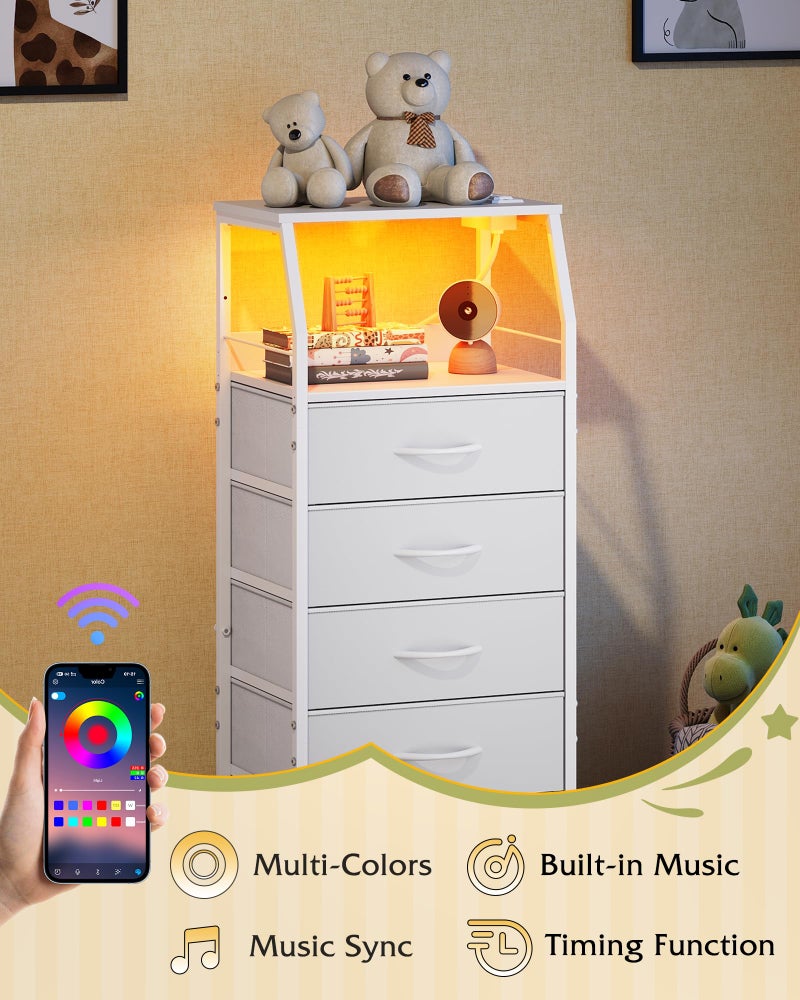 WLIVE LED Nightstand with Charging Station, White Dresser with 5 Fabric Drawers for Bedroom, Tall Night Stand with Open Shelves, Bed Side Tables Living Room - Image 4