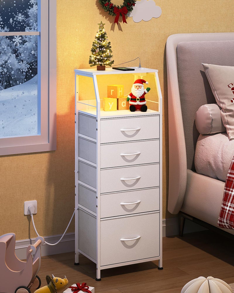 WLIVE LED Nightstand with Charging Station, White Dresser with 5 Fabric Drawers for Bedroom, Tall Night Stand with Open Shelves, Bed Side Tables Living Room - Image 2