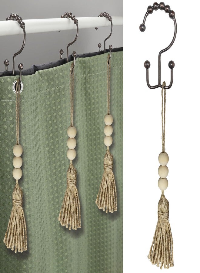 Yapicoco حلقات وخطافات ستارة الحمام من يابيكوكو، 12 قطعة من خطافات الستائر المزدوجة المنزلقة المصنوعة من الفولاذ المقاوم للصدأ البرونزي (برونزية مع شرابات) - Image 1