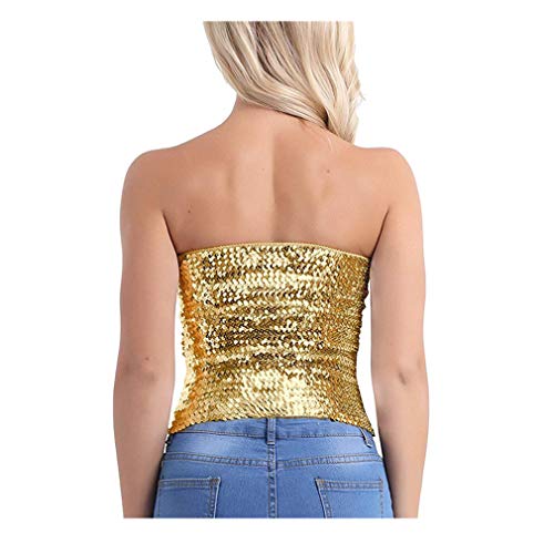 Fenyong Womens Sparkly Sequin Mermaid Crop Tops, Strapless Metallic Tube Tops for Party Clubwear(Gold) - Image 5