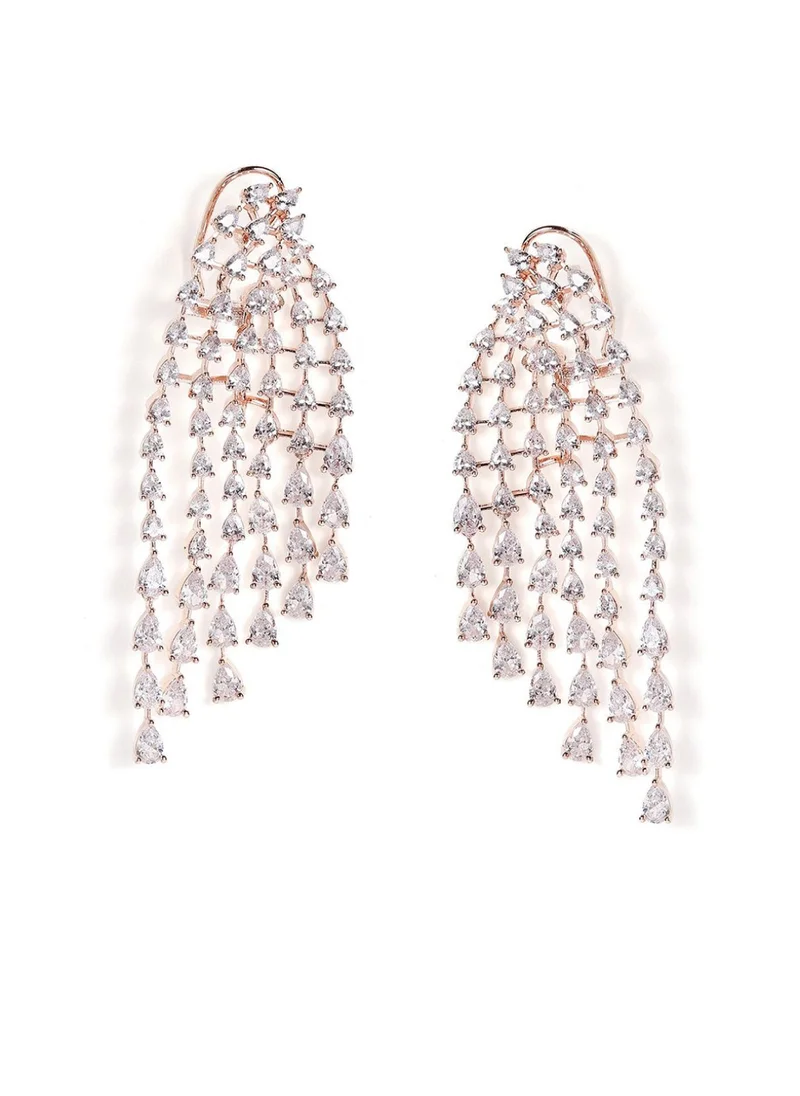 برياسي Rose AD-Stone Studded Teardrop Shaped Tasselled Drop Earrings