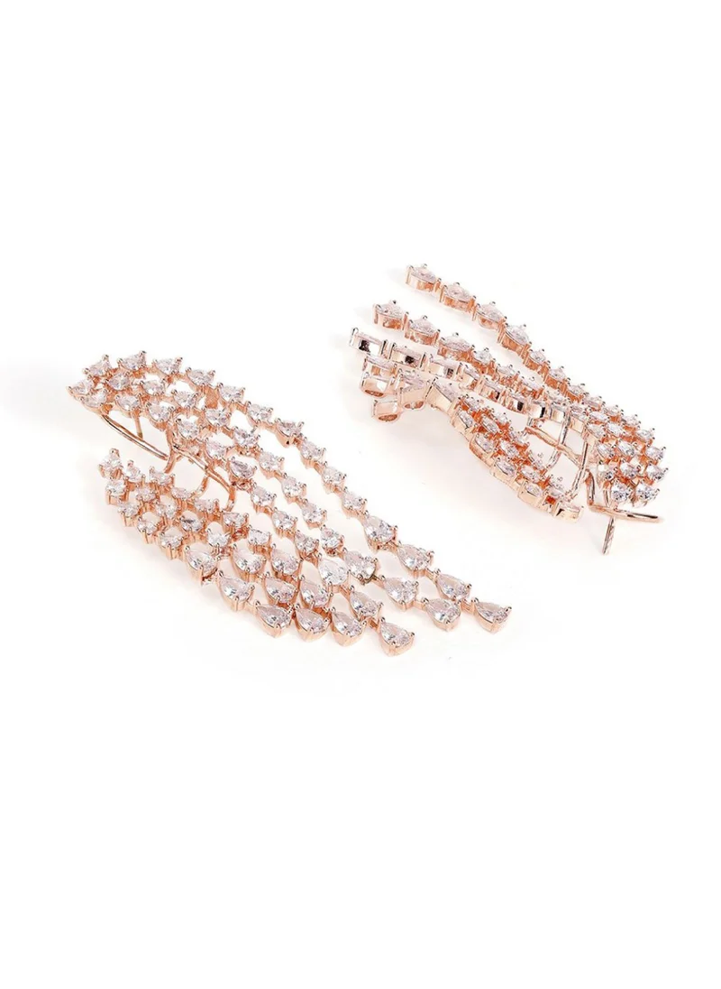 برياسي Rose AD-Stone Studded Teardrop Shaped Tasselled Drop Earrings