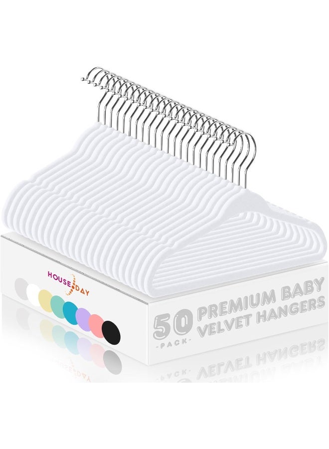 HOUSE DAY HOUSE DAY Velvet Baby Hangers 50 Pack, Premium Children's Hangers for Baby, Infant & Toddler Clothes, Durable Non Slip Baby Felt Hangers White, 11 Inch Baby Hangers for Closet, Ideal for Everyday Use  - Image 1