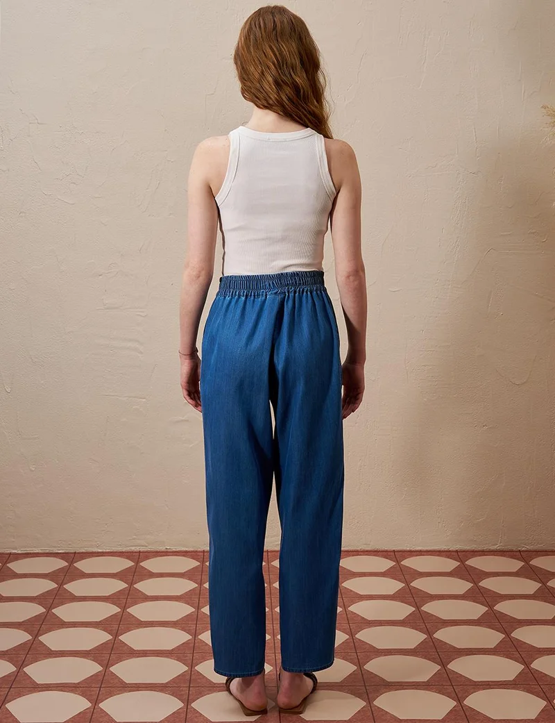 Kayra High-Waisted Elasticated Tapered Lyocell Pants Indigo