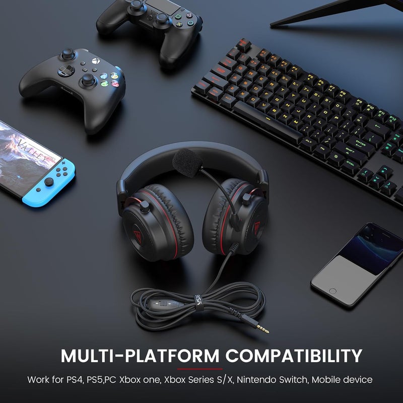 E900 PC Gaming Headset - PS4 Headset Wired Gaming Headphones with Noise Cancelling Microphone, Over-Ear Headphones Compatible with PS5/PS4, Xbox One, PC, Mac, Computer, Laptop (Red) - Image 4