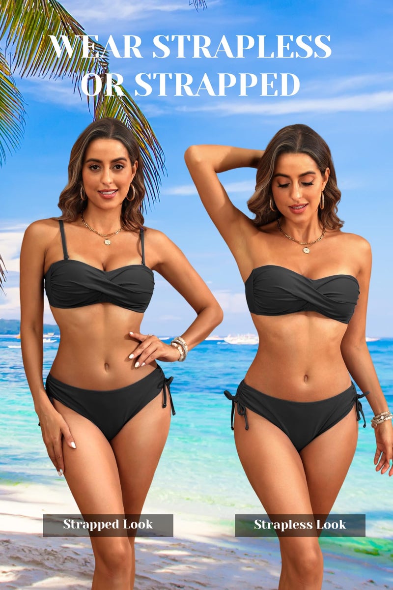 Tempt Me Women's Black Strapless Bandeau Bikini Set - Twist Front Two Piece Swimsuit Top with Side Tie Bathing Suit Bottom M - Image 3