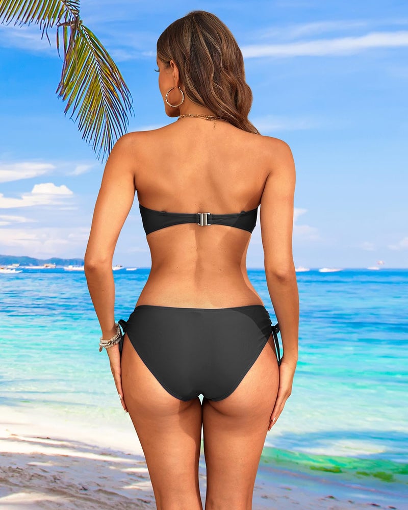 Tempt Me Women's Black Strapless Bandeau Bikini Set - Twist Front Two Piece Swimsuit Top with Side Tie Bathing Suit Bottom M - Image 2