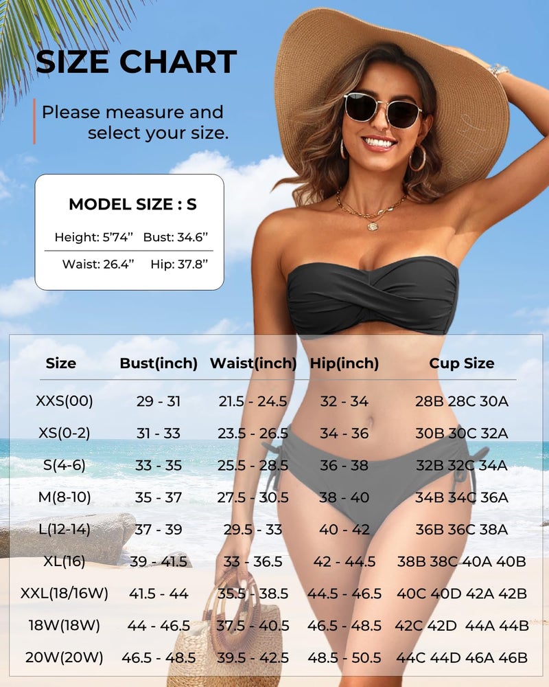 Tempt Me Women's Black Strapless Bandeau Bikini Set - Twist Front Two Piece Swimsuit Top with Side Tie Bathing Suit Bottom M - Image 5