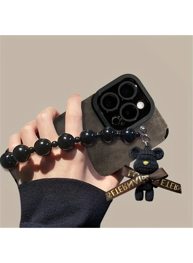 Temu A luxurious soft faux leather phone case with a cute bear bracelet chain for lens protection, compatible with iPhone 16 Pro Max. - Image 3