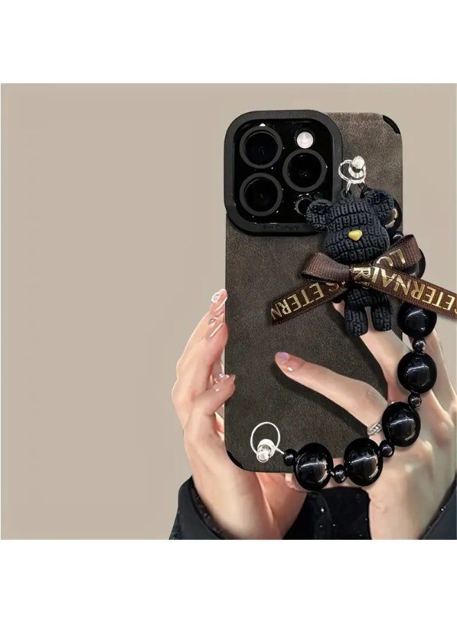 Temu A luxurious soft faux leather phone case with a cute bear bracelet chain for lens protection, compatible with iPhone 16 Pro Max. - Image 1