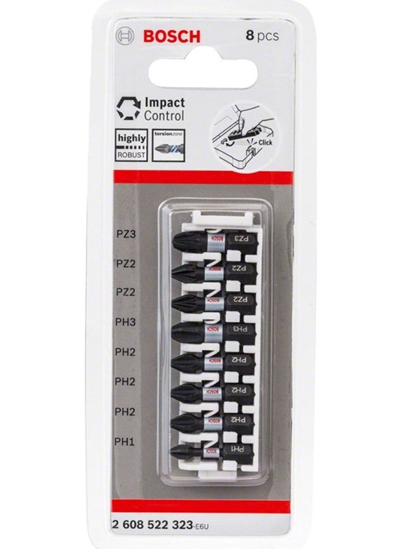 BOSCH Impact Control Series Screw Bits 8 Pack Ph1/Ph2 X3/Ph3/Pz2 X2/Pz3 *25Mm - 2608522323 