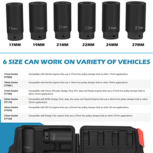 Sunluway 1/2" Drive Crank Bolt Socket Set, 17MM, 19MM, 21MM, 22MM, 24MM 27MM, Harmonic Balancer Socket Set, Crank Bolt Removal Tool, 3 Times Momentum Power of Standard Impact Socket Set, Deep Impact Socket Set - Image 3